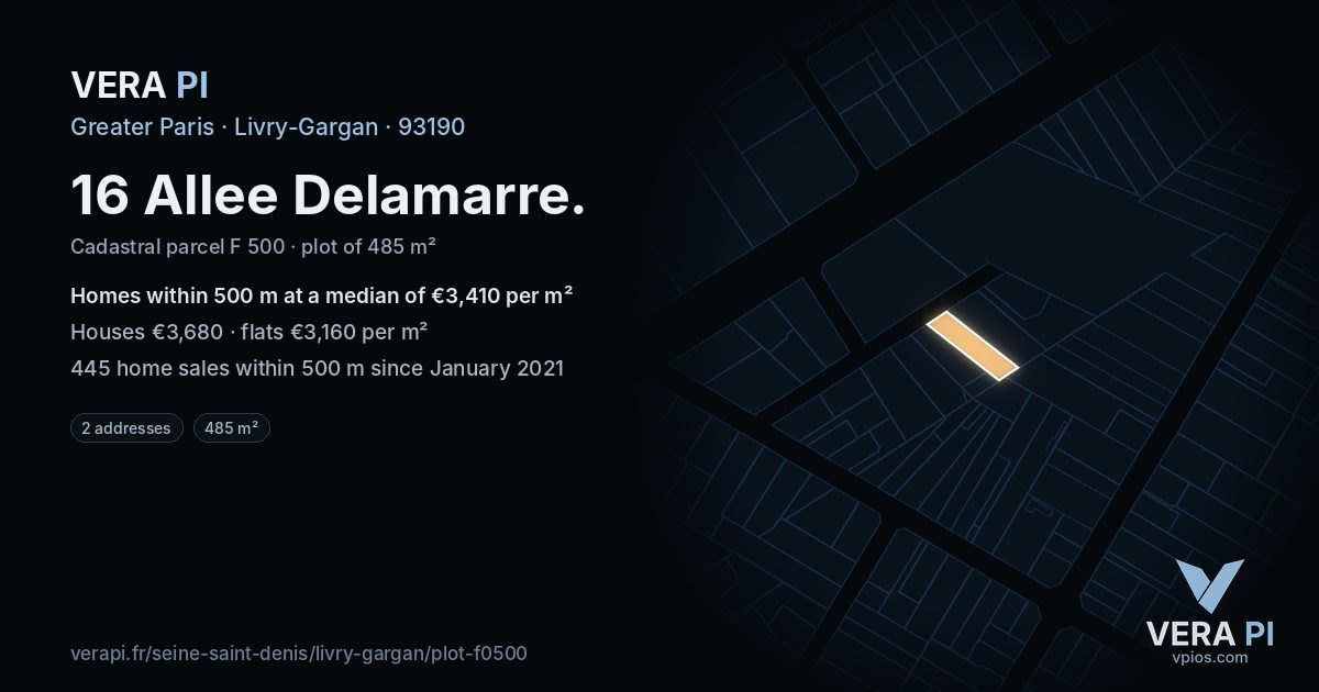 16 Allee Delamarre, Livry-Gargan at night – the plot lit, the parcels around coloured by the prices near them