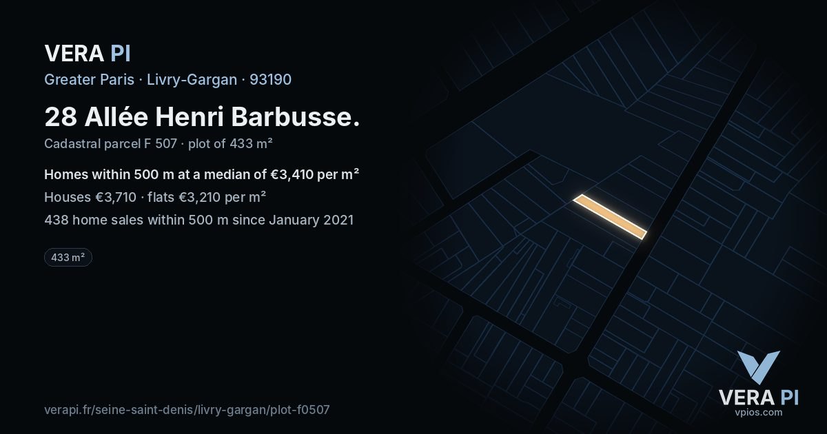 28 Allée Henri Barbusse, Livry-Gargan at night – the plot lit, the parcels around coloured by the prices near them