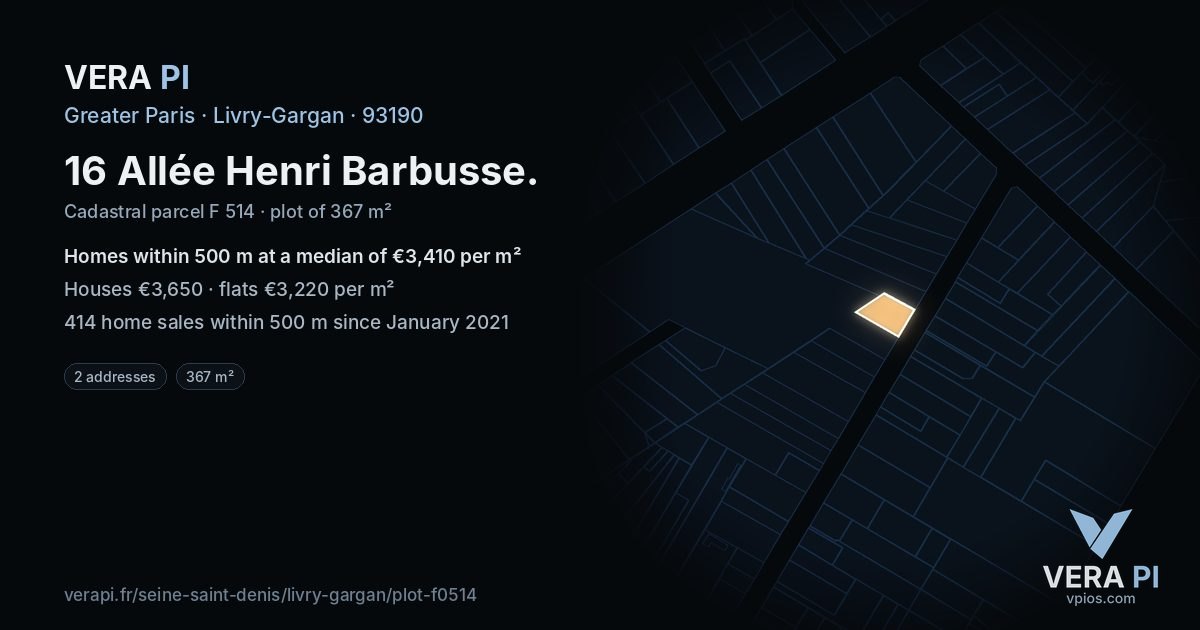 16 Allée Henri Barbusse, Livry-Gargan at night – the plot lit, the parcels around coloured by the prices near them