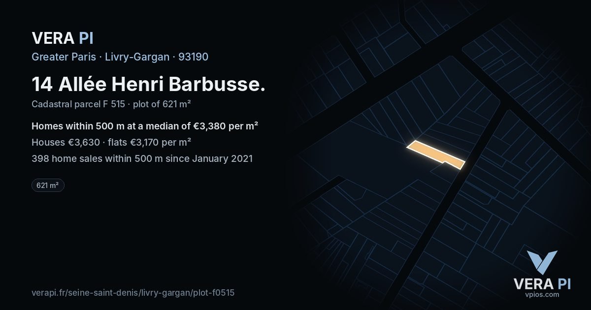14 Allée Henri Barbusse, Livry-Gargan at night – the plot lit, the parcels around coloured by the prices near them