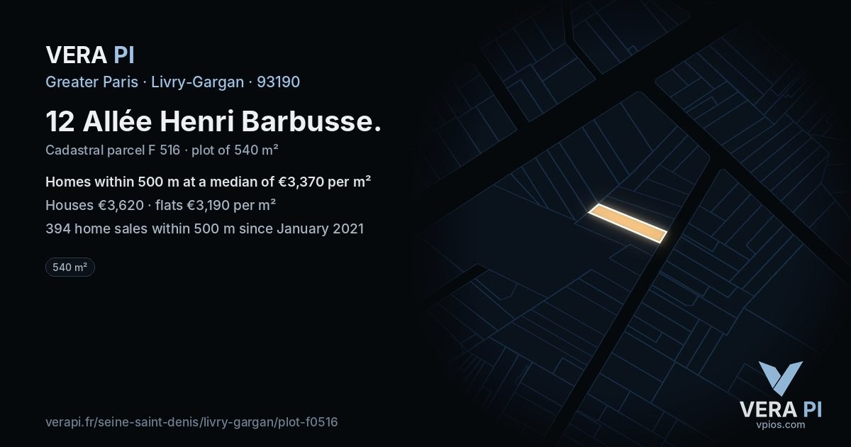 12 Allée Henri Barbusse, Livry-Gargan at night – the plot lit, the parcels around coloured by the prices near them