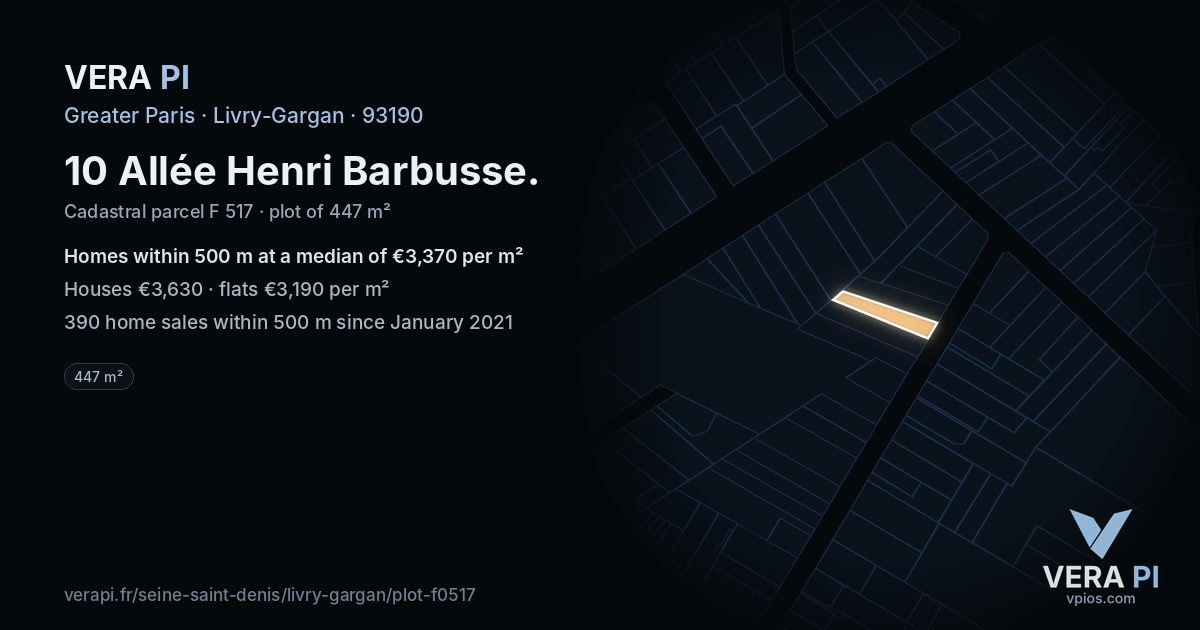 10 Allée Henri Barbusse, Livry-Gargan at night – the plot lit, the parcels around coloured by the prices near them