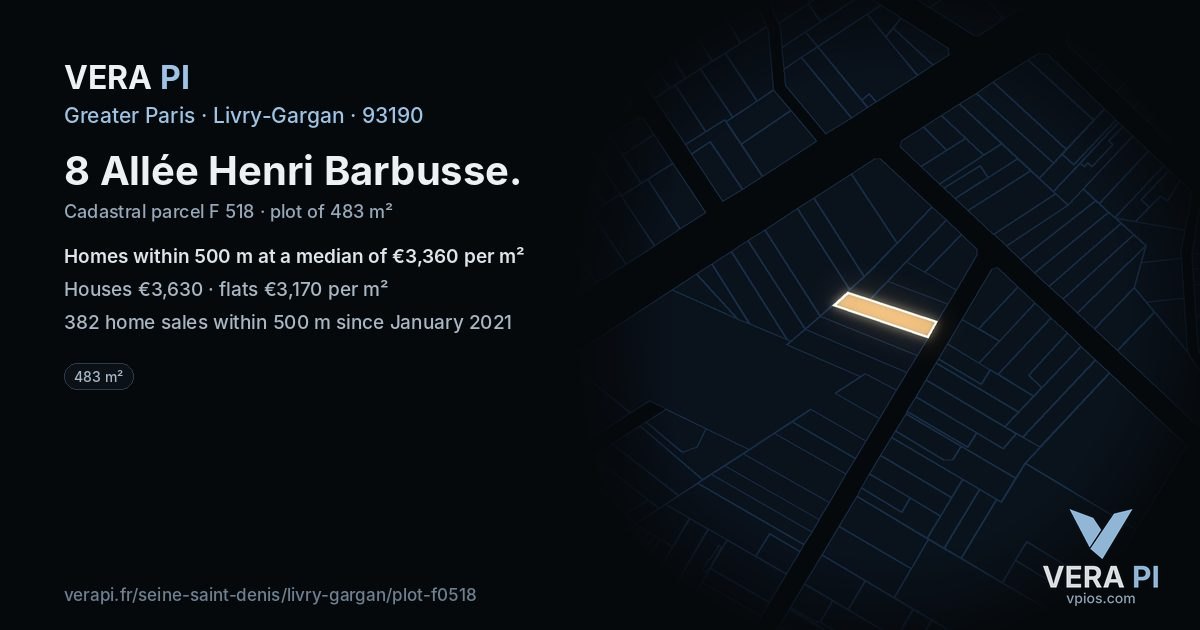8 Allée Henri Barbusse, Livry-Gargan at night – the plot lit, the parcels around coloured by the prices near them