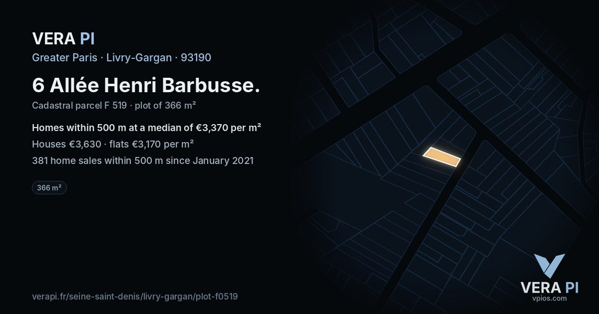 6 Allée Henri Barbusse, Livry-Gargan at night – the plot lit, the parcels around coloured by the prices near them