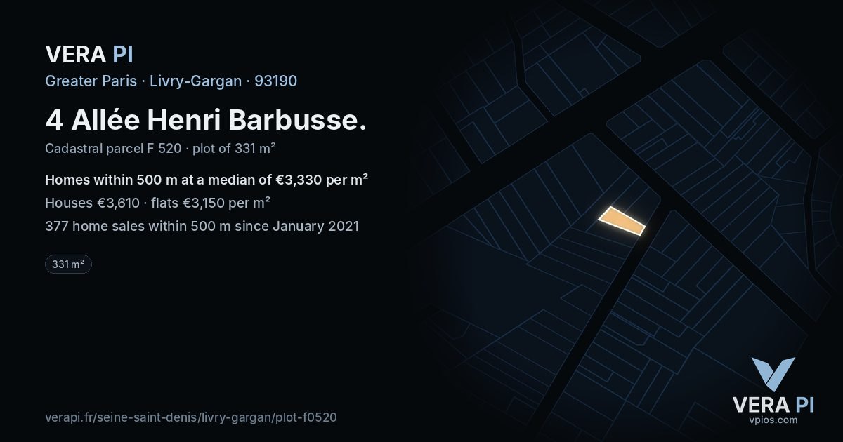 4 Allée Henri Barbusse, Livry-Gargan at night – the plot lit, the parcels around coloured by the prices near them