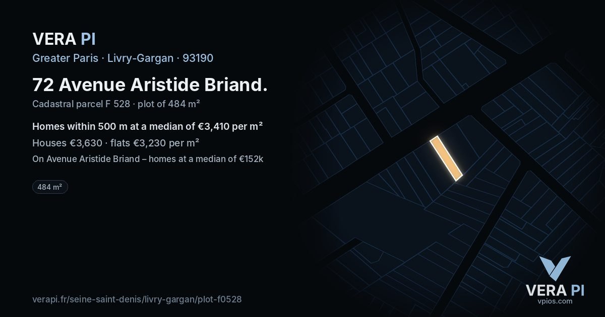 72 Avenue Aristide Briand, Livry-Gargan at night – the plot lit, the parcels around coloured by the prices near them