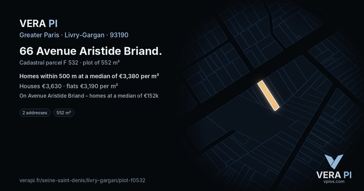 66 Avenue Aristide Briand, Livry-Gargan at night – the plot lit, the parcels around coloured by the prices near them