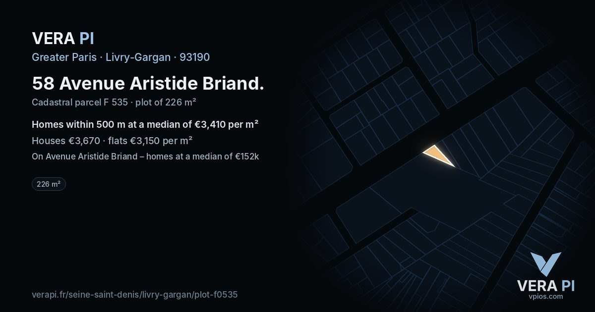 58 Avenue Aristide Briand, Livry-Gargan at night – the plot lit, the parcels around coloured by the prices near them