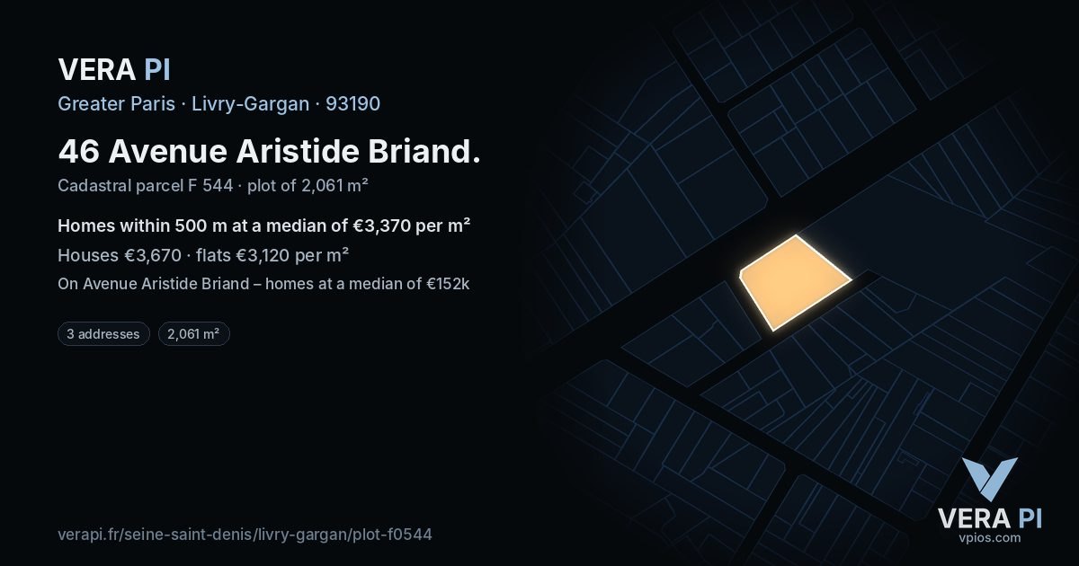 46 Avenue Aristide Briand, Livry-Gargan at night – the plot lit, the parcels around coloured by the prices near them