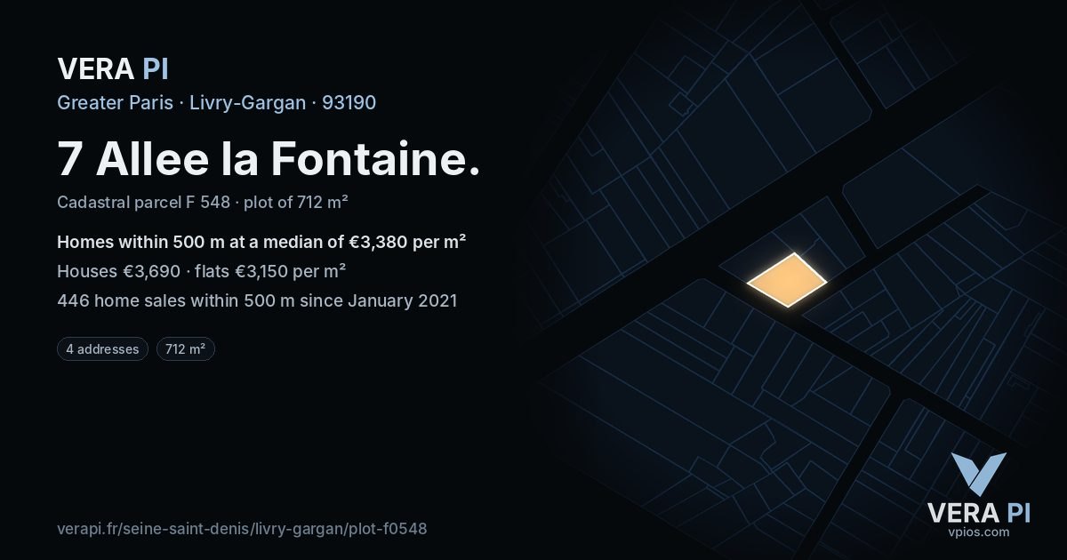 7 Allee la Fontaine, Livry-Gargan at night – the plot lit, the parcels around coloured by the prices near them