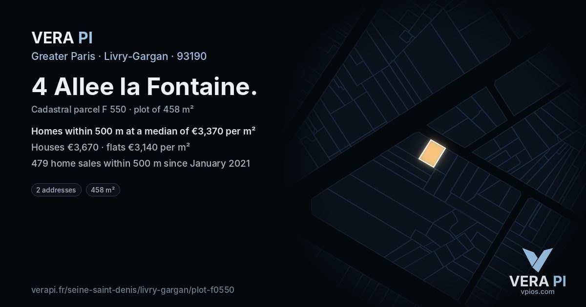 4 Allee la Fontaine, Livry-Gargan at night – the plot lit, the parcels around coloured by the prices near them