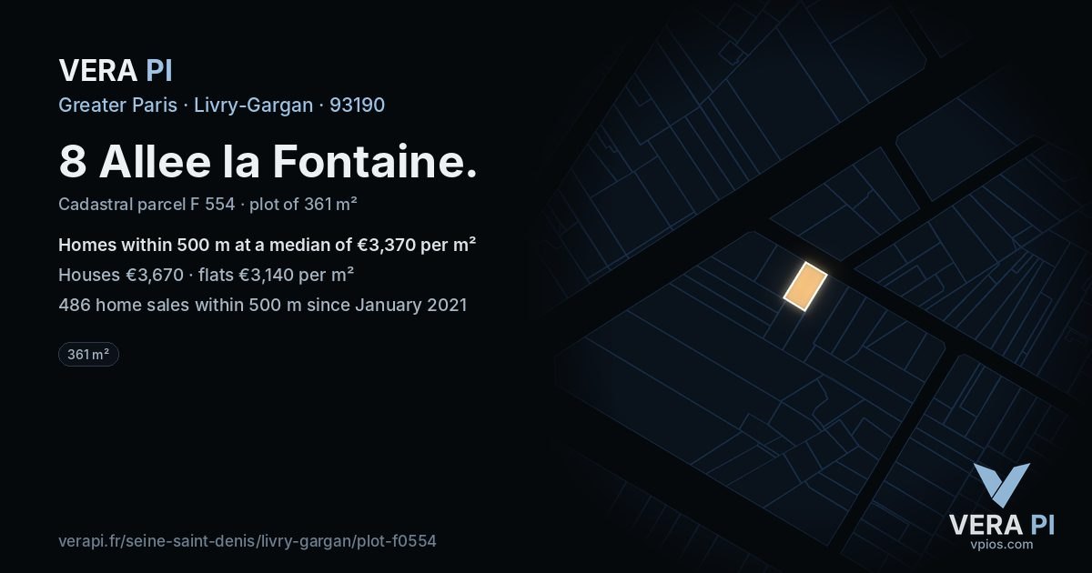 8 Allee la Fontaine, Livry-Gargan at night – the plot lit, the parcels around coloured by the prices near them
