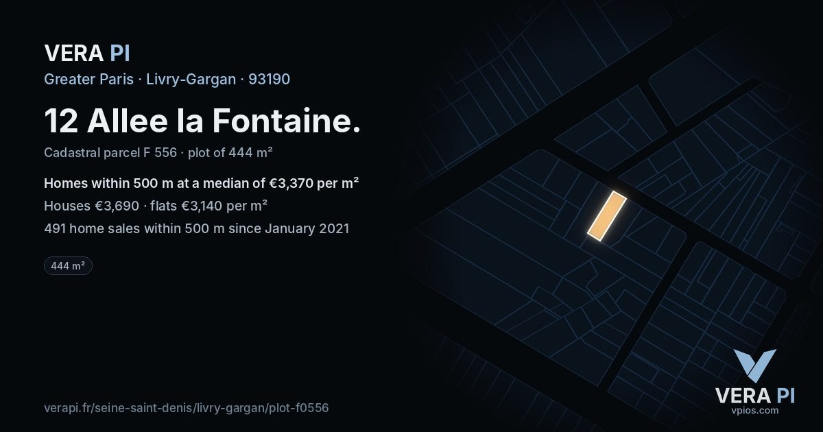 12 Allee la Fontaine, Livry-Gargan at night – the plot lit, the parcels around coloured by the prices near them