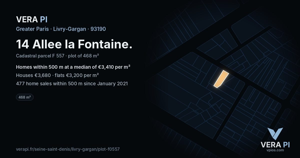 14 Allee la Fontaine, Livry-Gargan at night – the plot lit, the parcels around coloured by the prices near them