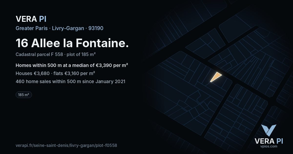 16 Allee la Fontaine, Livry-Gargan at night – the plot lit, the parcels around coloured by the prices near them