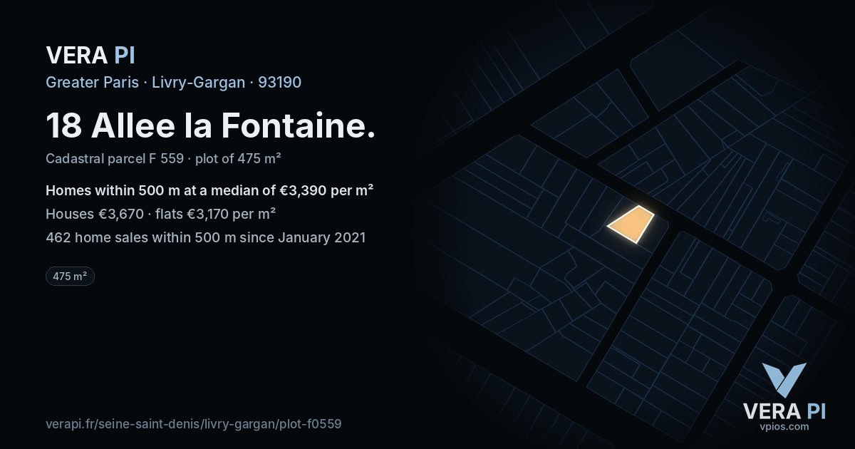 18 Allee la Fontaine, Livry-Gargan at night – the plot lit, the parcels around coloured by the prices near them