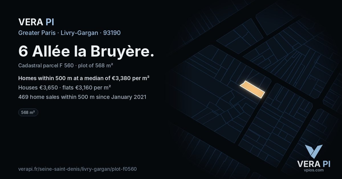 6 Allée la Bruyère, Livry-Gargan at night – the plot lit, the parcels around coloured by the prices near them