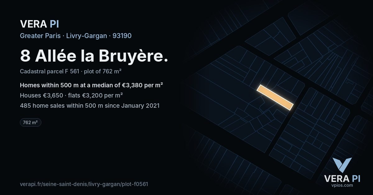 8 Allée la Bruyère, Livry-Gargan at night – the plot lit, the parcels around coloured by the prices near them