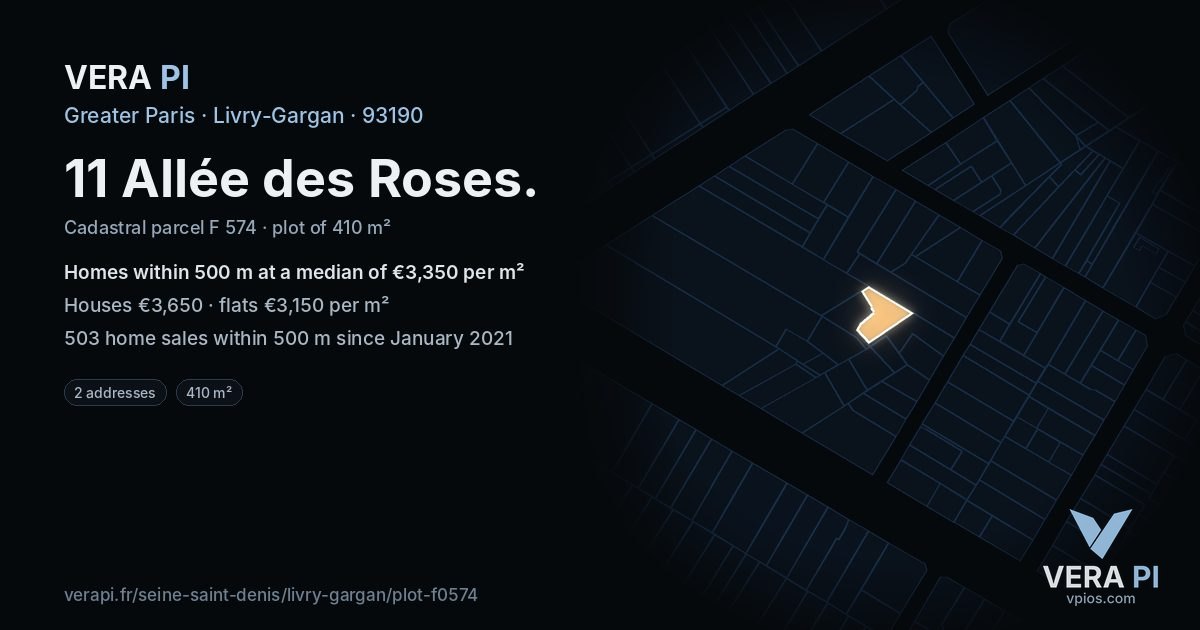 11 Allée des Roses, Livry-Gargan at night – the plot lit, the parcels around coloured by the prices near them
