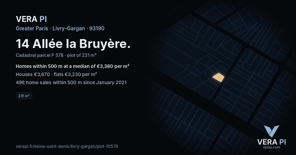 14 Allée la Bruyère, Livry-Gargan at night – the plot lit, the parcels around coloured by the prices near them