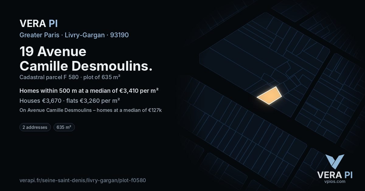 19 Avenue Camille Desmoulins, Livry-Gargan at night – the plot lit, the parcels around coloured by the prices near them
