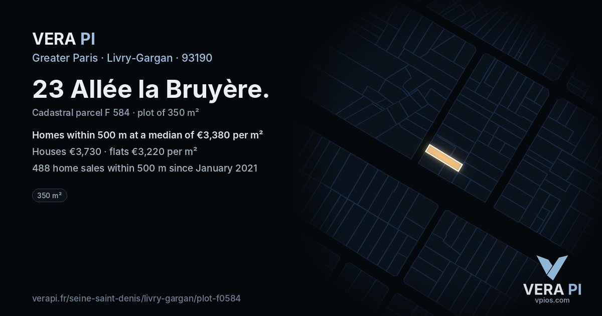 23 Allée la Bruyère, Livry-Gargan at night – the plot lit, the parcels around coloured by the prices near them
