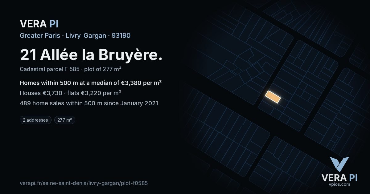 21 Allée la Bruyère, Livry-Gargan at night – the plot lit, the parcels around coloured by the prices near them