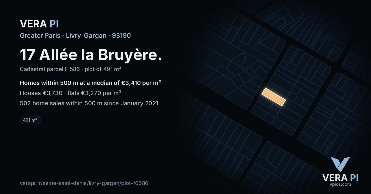 17 Allée la Bruyère, Livry-Gargan at night – the plot lit, the parcels around coloured by the prices near them