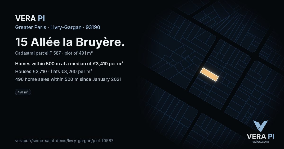 15 Allée la Bruyère, Livry-Gargan at night – the plot lit, the parcels around coloured by the prices near them