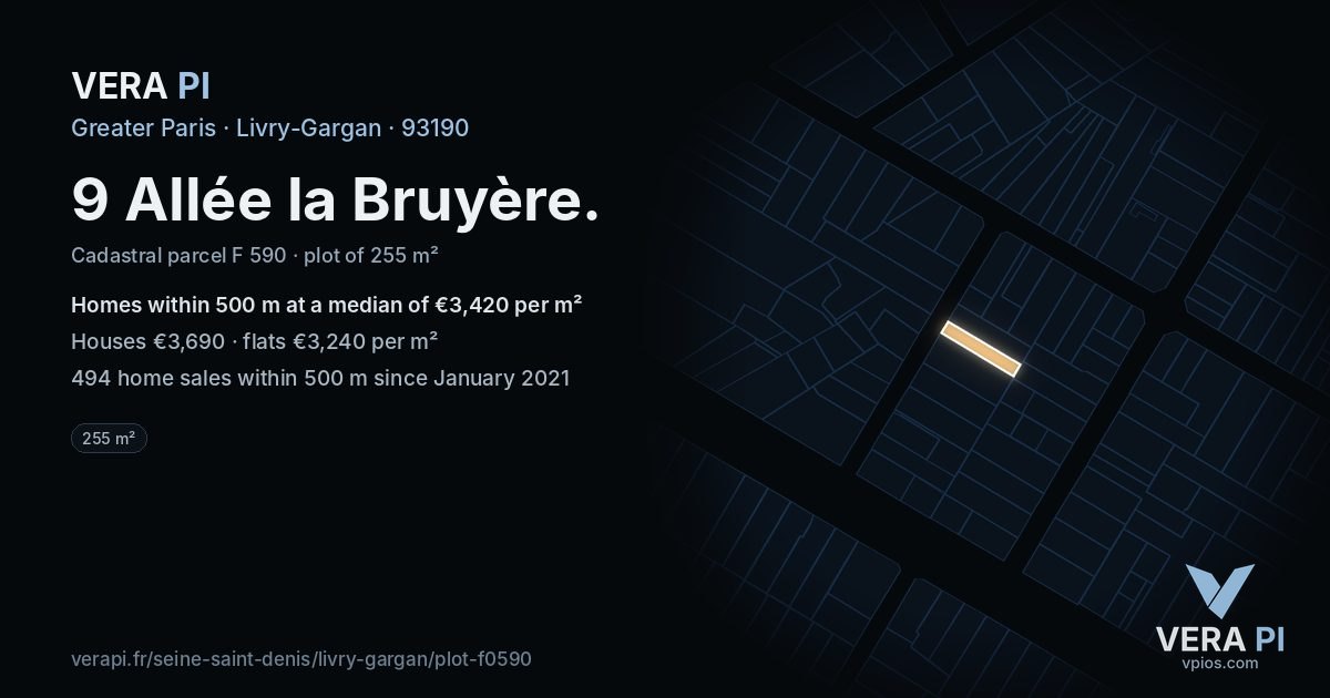 9 Allée la Bruyère, Livry-Gargan at night – the plot lit, the parcels around coloured by the prices near them