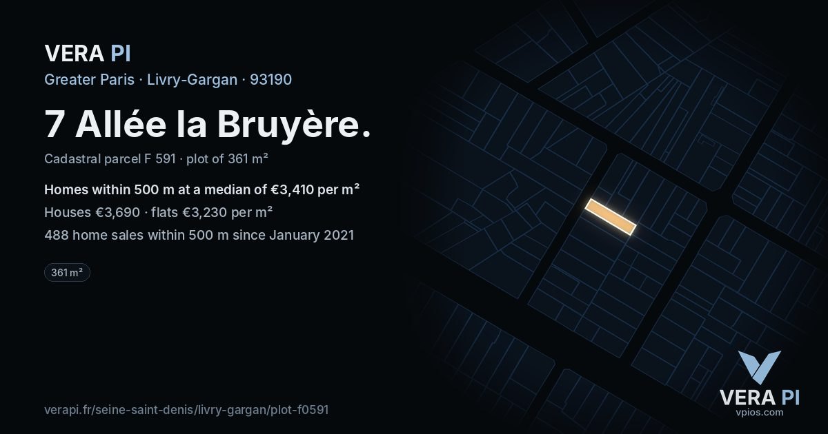 7 Allée la Bruyère, Livry-Gargan at night – the plot lit, the parcels around coloured by the prices near them