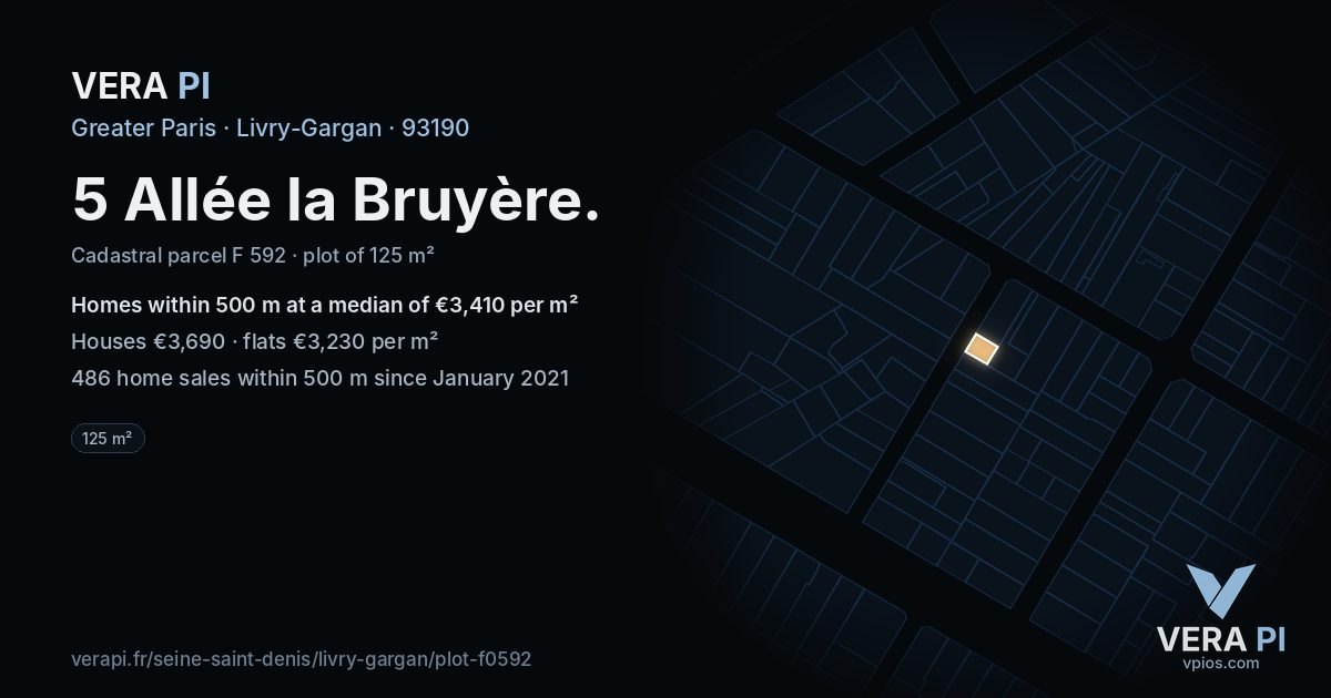 5 Allée la Bruyère, Livry-Gargan at night – the plot lit, the parcels around coloured by the prices near them