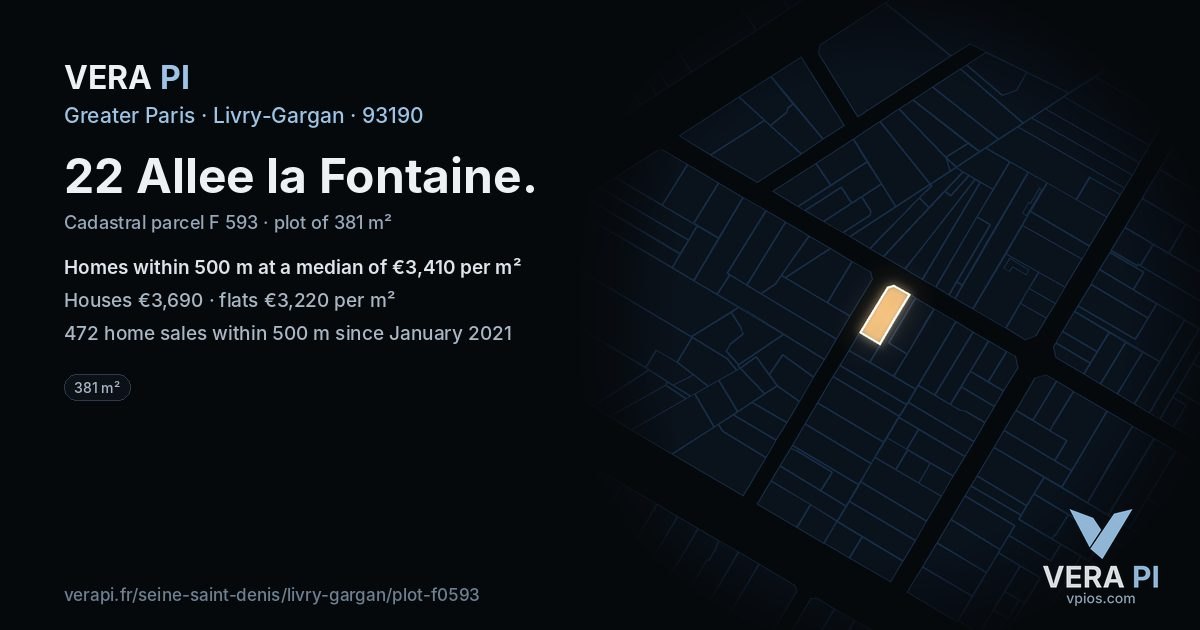 22 Allee la Fontaine, Livry-Gargan at night – the plot lit, the parcels around coloured by the prices near them