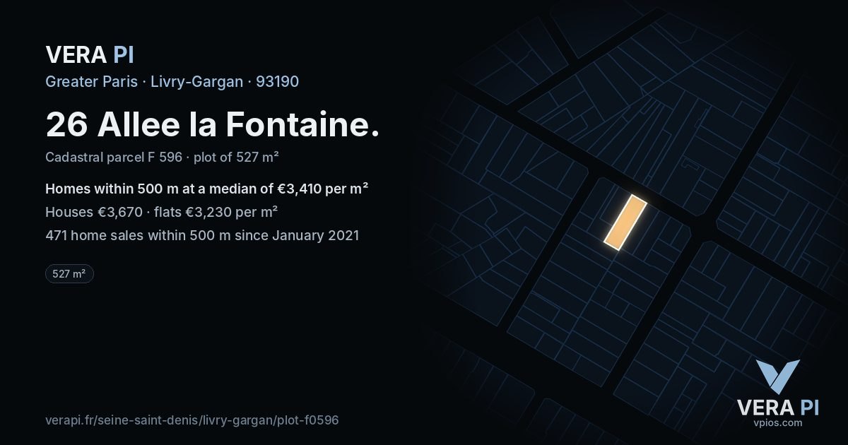 26 Allee la Fontaine, Livry-Gargan at night – the plot lit, the parcels around coloured by the prices near them