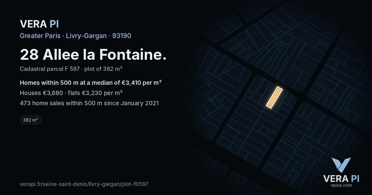 28 Allee la Fontaine, Livry-Gargan at night – the plot lit, the parcels around coloured by the prices near them