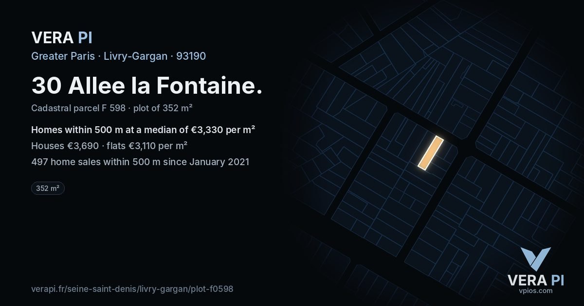 30 Allee la Fontaine, Livry-Gargan at night – the plot lit, the parcels around coloured by the prices near them