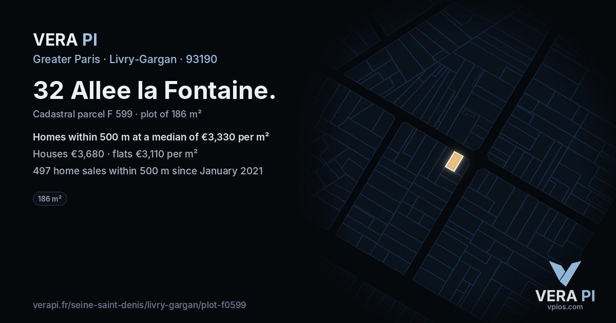 32 Allee la Fontaine, Livry-Gargan at night – the plot lit, the parcels around coloured by the prices near them