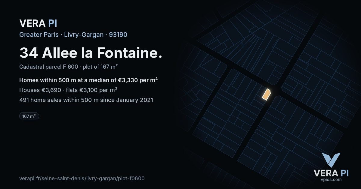 34 Allee la Fontaine, Livry-Gargan at night – the plot lit, the parcels around coloured by the prices near them