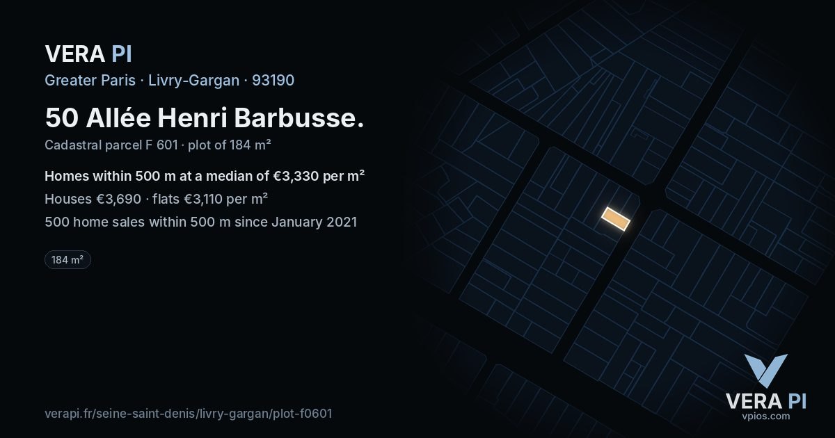 50 Allée Henri Barbusse, Livry-Gargan at night – the plot lit, the parcels around coloured by the prices near them
