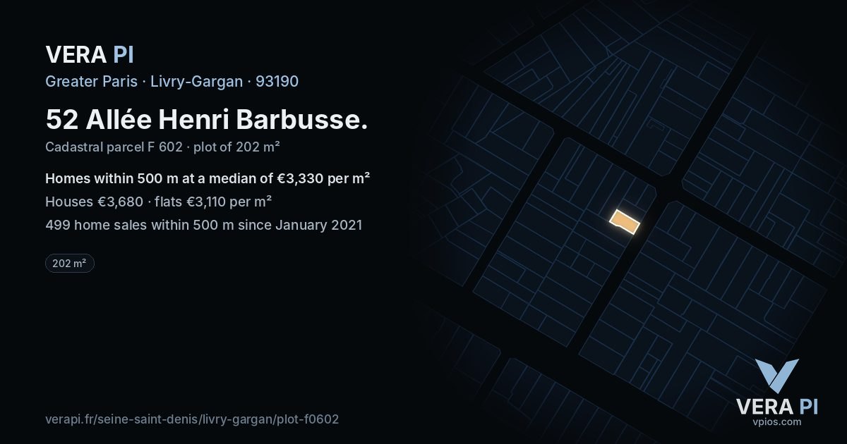 52 Allée Henri Barbusse, Livry-Gargan at night – the plot lit, the parcels around coloured by the prices near them