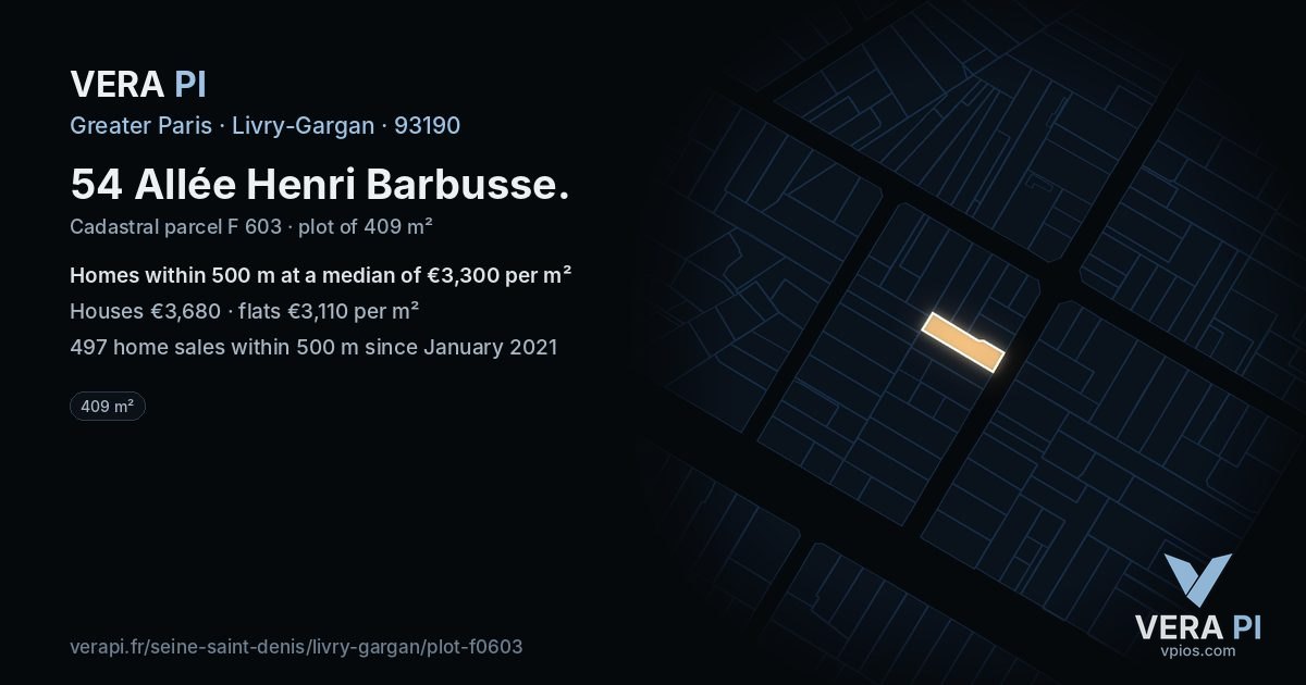 54 Allée Henri Barbusse, Livry-Gargan at night – the plot lit, the parcels around coloured by the prices near them