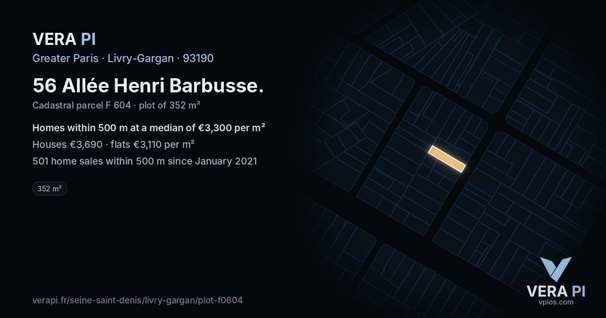 56 Allée Henri Barbusse, Livry-Gargan at night – the plot lit, the parcels around coloured by the prices near them