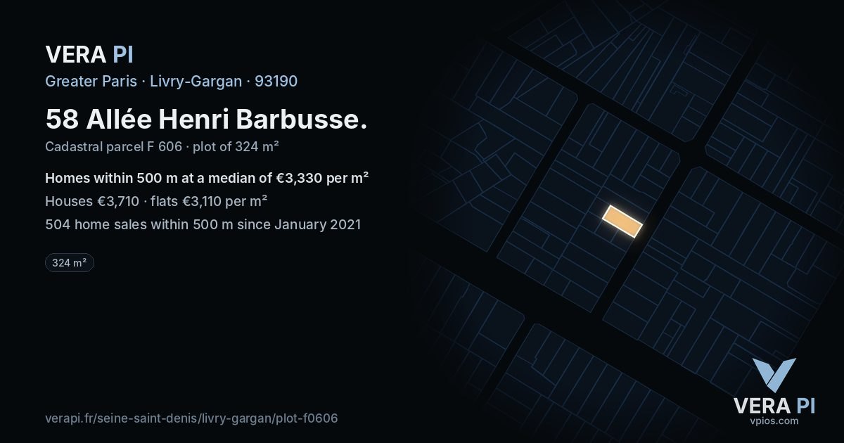 58 Allée Henri Barbusse, Livry-Gargan at night – the plot lit, the parcels around coloured by the prices near them