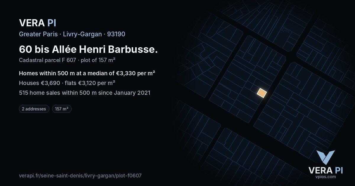 60 bis Allée Henri Barbusse, Livry-Gargan at night – the plot lit, the parcels around coloured by the prices near them
