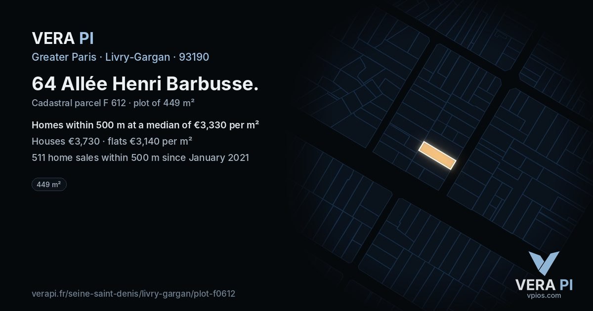 64 Allée Henri Barbusse, Livry-Gargan at night – the plot lit, the parcels around coloured by the prices near them