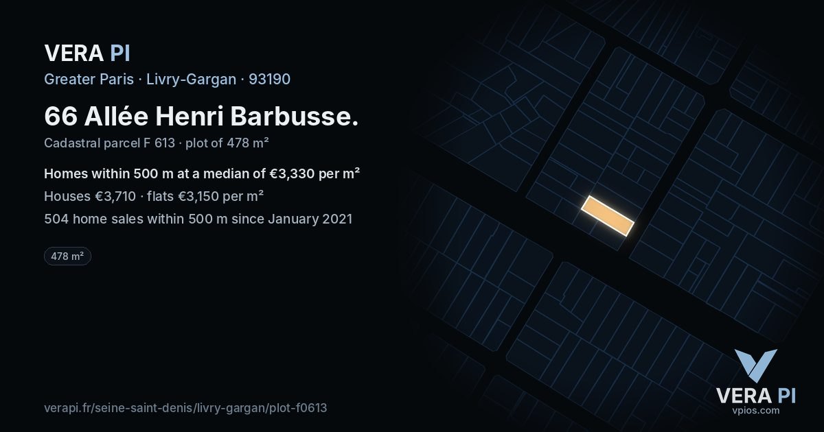 66 Allée Henri Barbusse, Livry-Gargan at night – the plot lit, the parcels around coloured by the prices near them