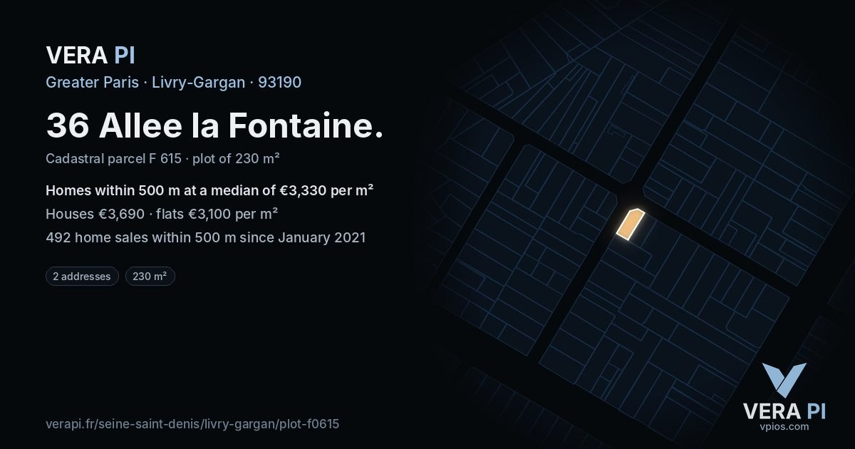 36 Allee la Fontaine, Livry-Gargan at night – the plot lit, the parcels around coloured by the prices near them