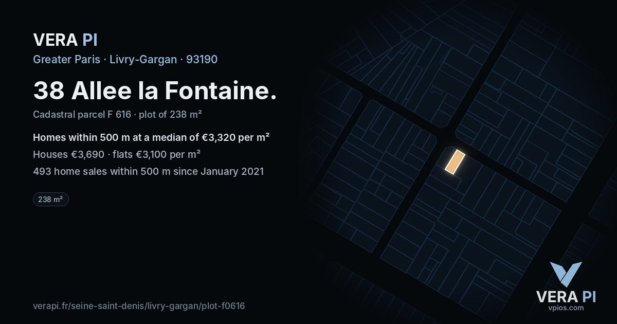 38 Allee la Fontaine, Livry-Gargan at night – the plot lit, the parcels around coloured by the prices near them