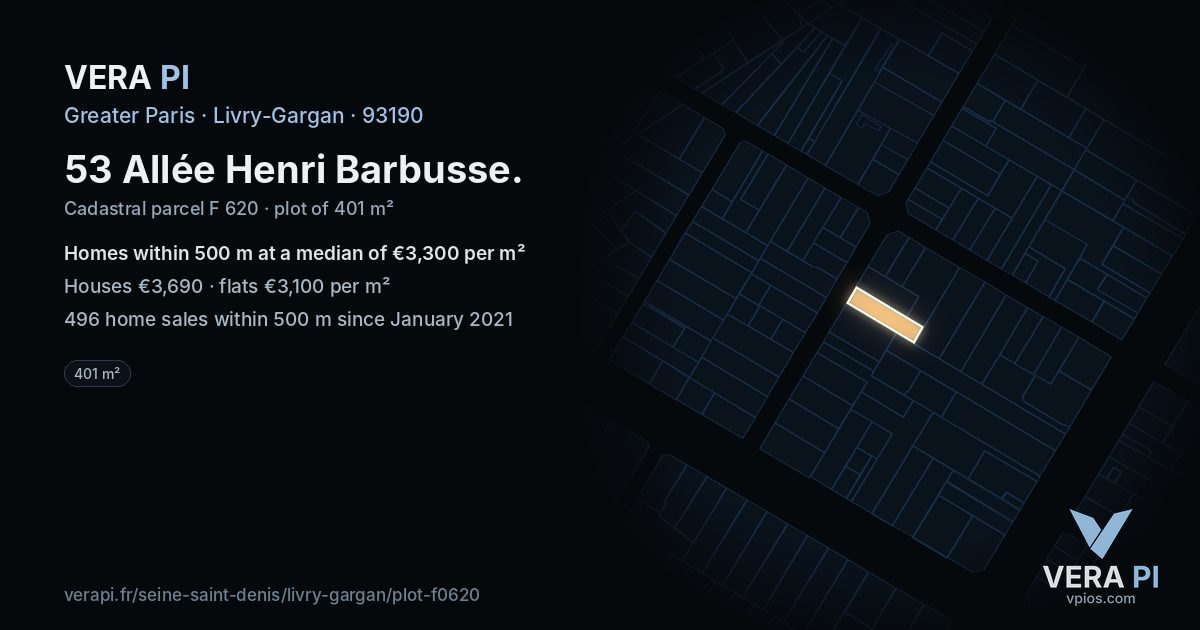 53 Allée Henri Barbusse, Livry-Gargan at night – the plot lit, the parcels around coloured by the prices near them