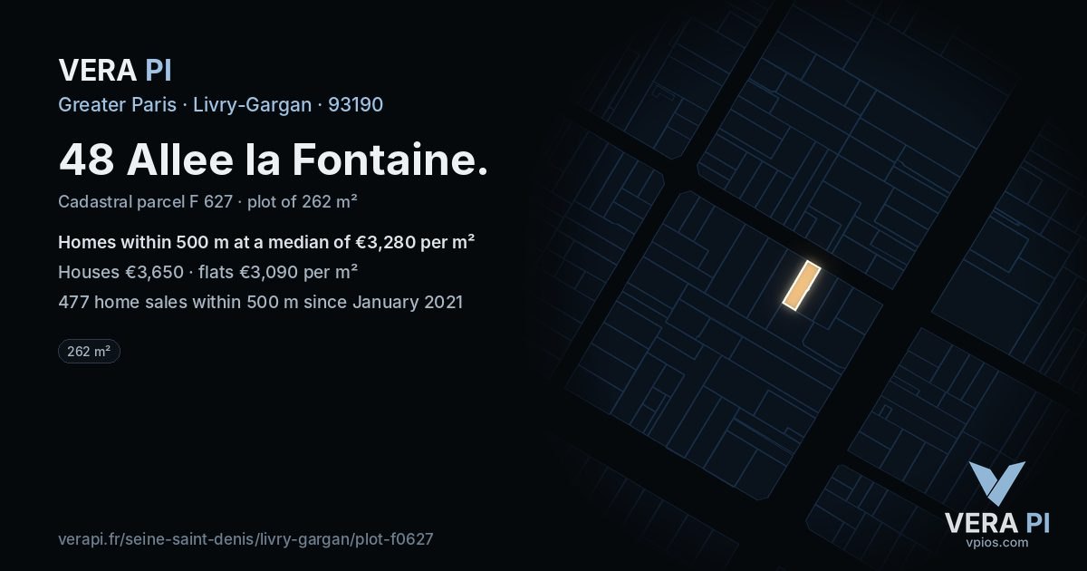 48 Allee la Fontaine, Livry-Gargan at night – the plot lit, the parcels around coloured by the prices near them